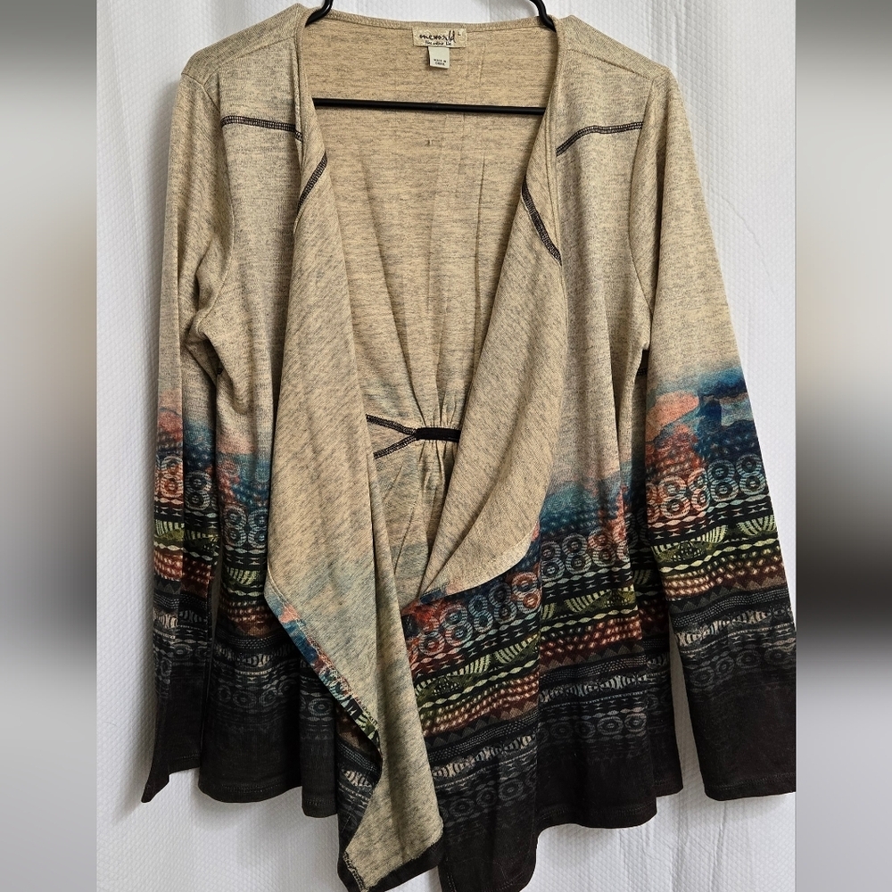 ONE WORLD Beige and Multicolor Open Cardigan